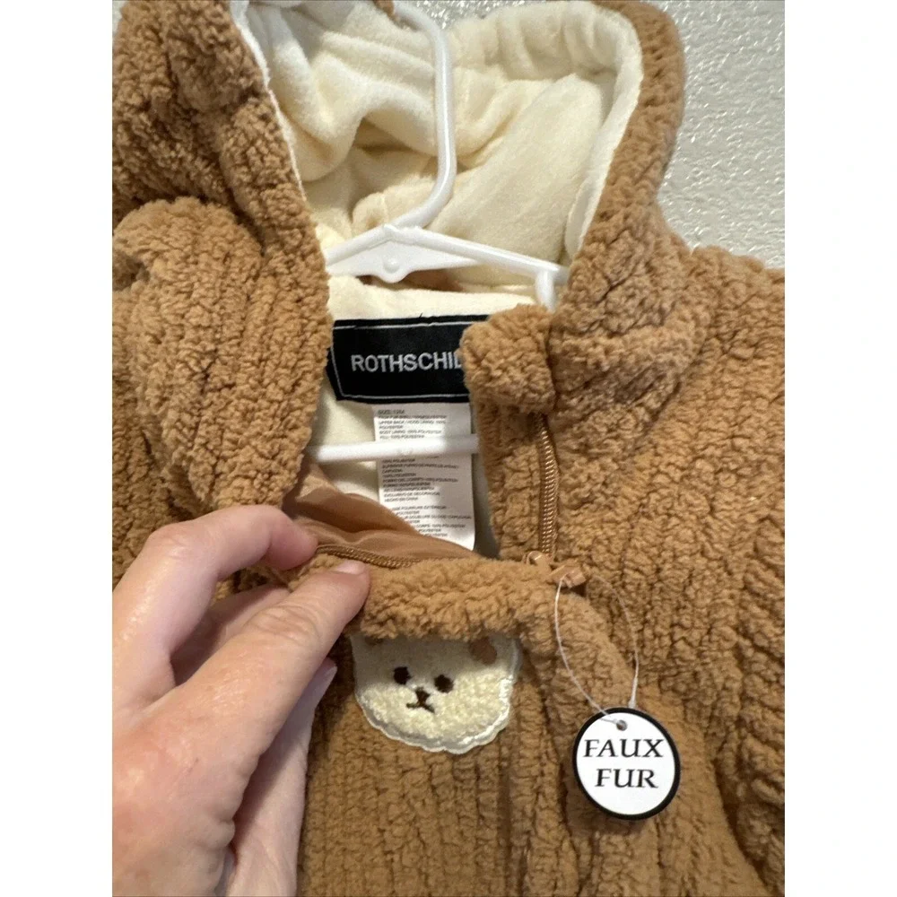 Rothschild Plush Pram Hooded Snowsuit Baby 12 Mo Full Zip Teddy Bear NEW w/ Tags